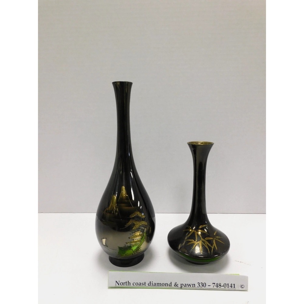 VTG Japanese Chokin Bud Vases Set of 2 Black Gold Pagoda Bamboo Landscape DW701